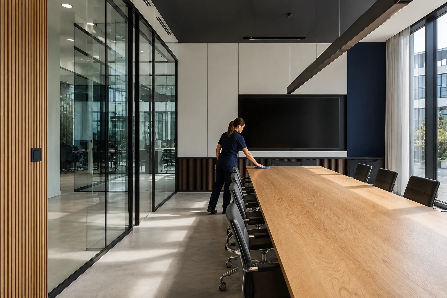 Reinigungskraft beim Reinigen eines Konferenztisches in einem modernen Büro