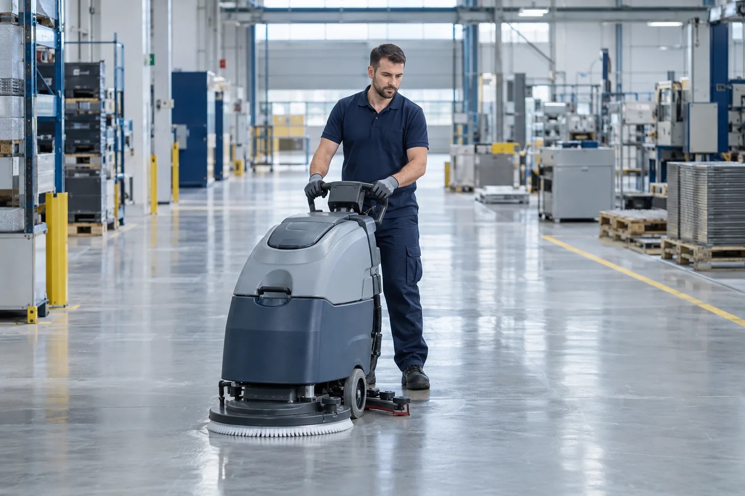 Maschinelle Bodenreinigung in einer Produktionshalle